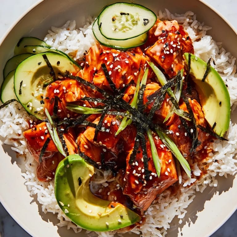 A delicious close-up of Emily Mariko-Inspired Sticky Orange Gochujang Salmon Bowl; imagine the fragrant, spicy salmon and fresh vegetables.