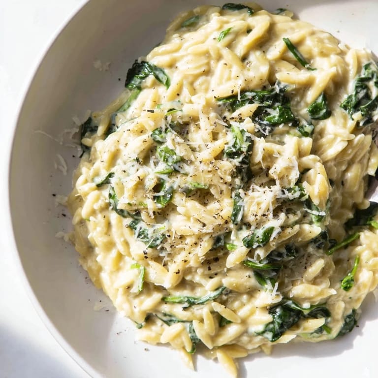 Enjoy a bowl of delicious and creamy spinach orzo, bursting with Italian-inspired flavors and textures.