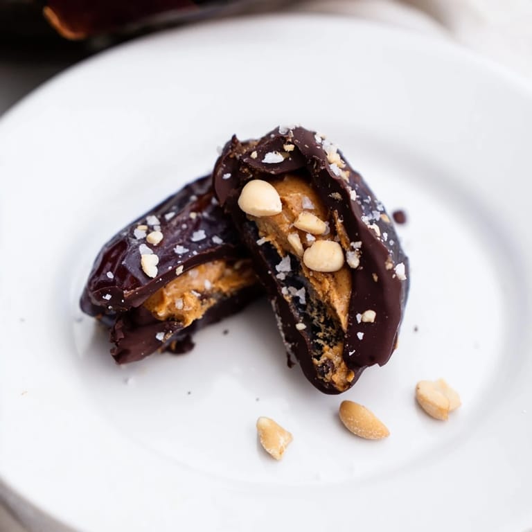 Healthy homemade Chocolate Date Snickers: a close-up of dark chocolate-covered dates with chopped peanuts.