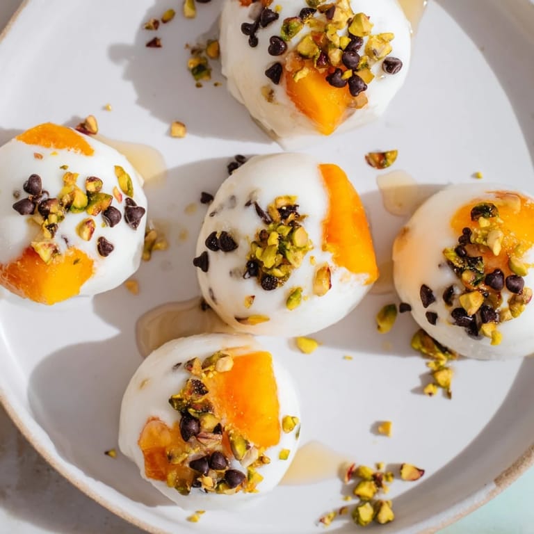 Sweet frozen peach yogurt bites, topped with chocolate chips, offering a cool, refreshing summer treat.
