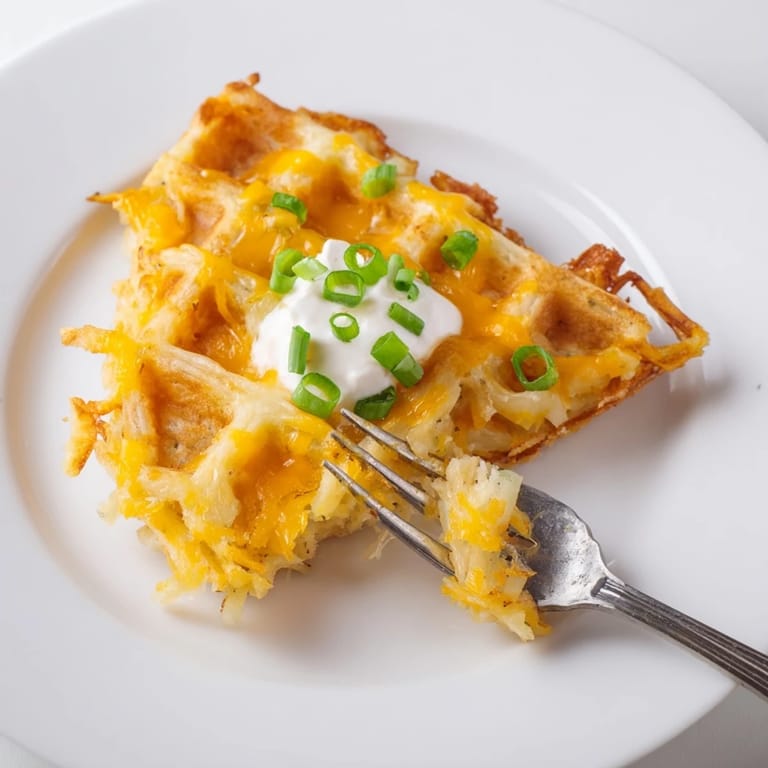 A steaming plate of cheesy hash brown waffles, perfect for a hearty brunch with melted cheese.