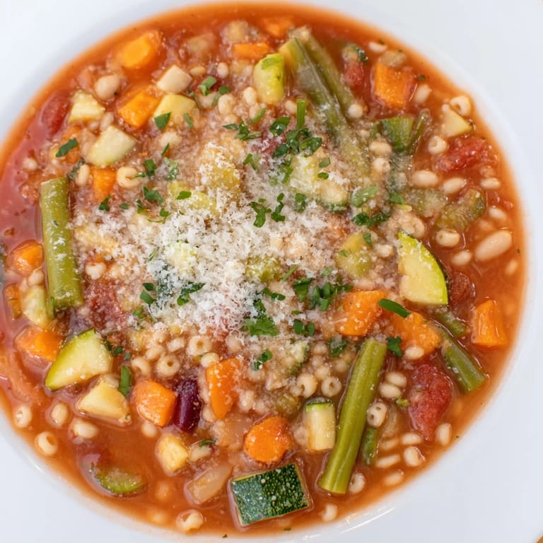 A close-up of Tomato Basil Minestrone, richly flavored and garnished with fresh herbs.