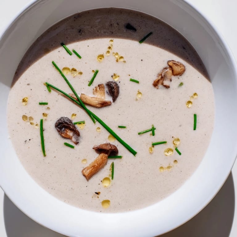 Garnished with fresh herbs, the creamy and elegant Mushroom Bisque is ready to serve.