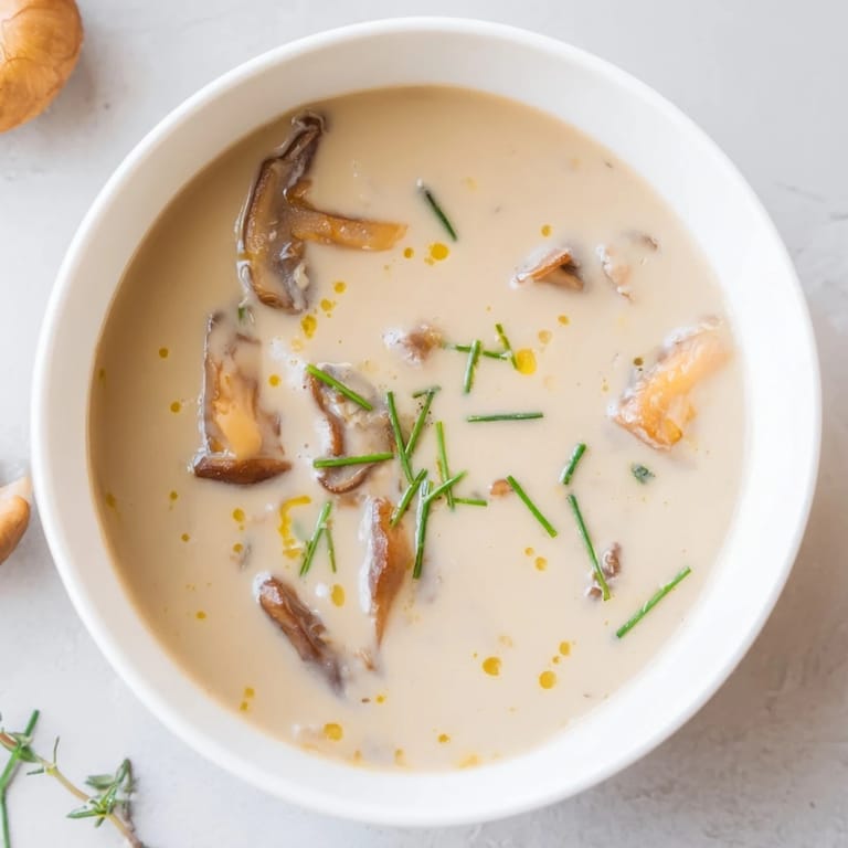 A close-up of velvety Creamy Mushroom Bisque, perfect for a cozy, flavorful starter course.