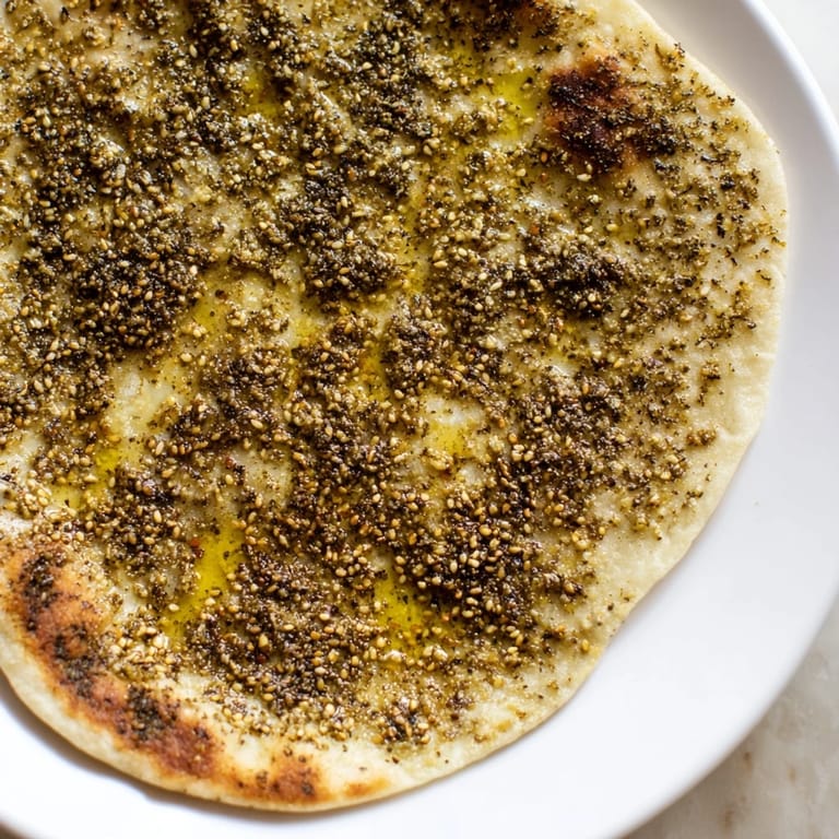 Freshly baked Levantine Zaatar Bread with a fragrant zaatar topping ready to be served with dips.