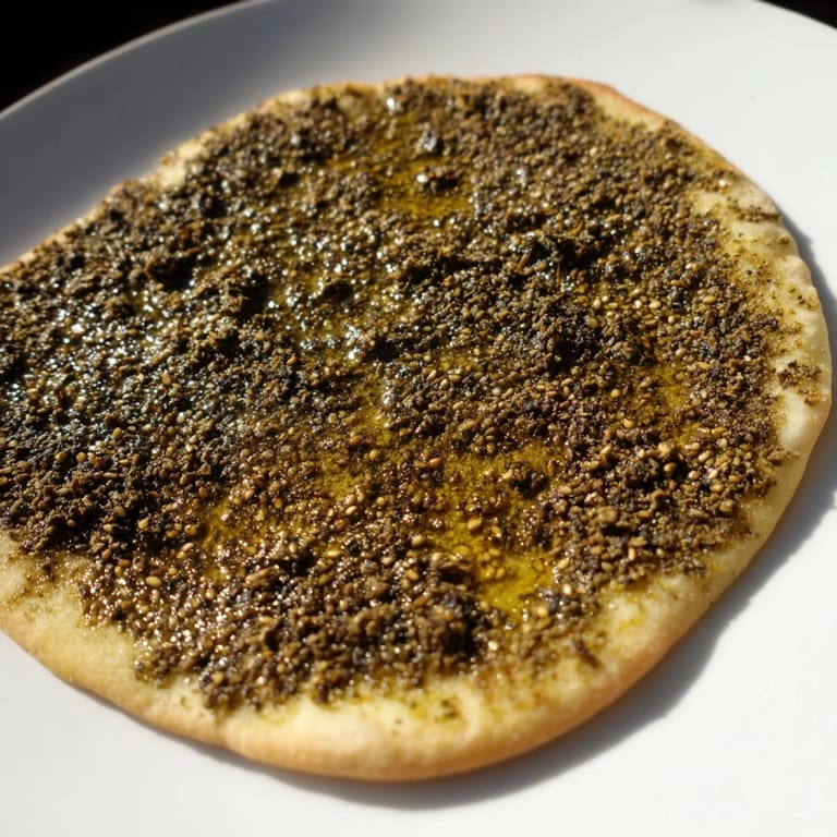 A close-up shot of a warm, aromatic Levantine Zaatar Bread, perfect for dipping and sharing.