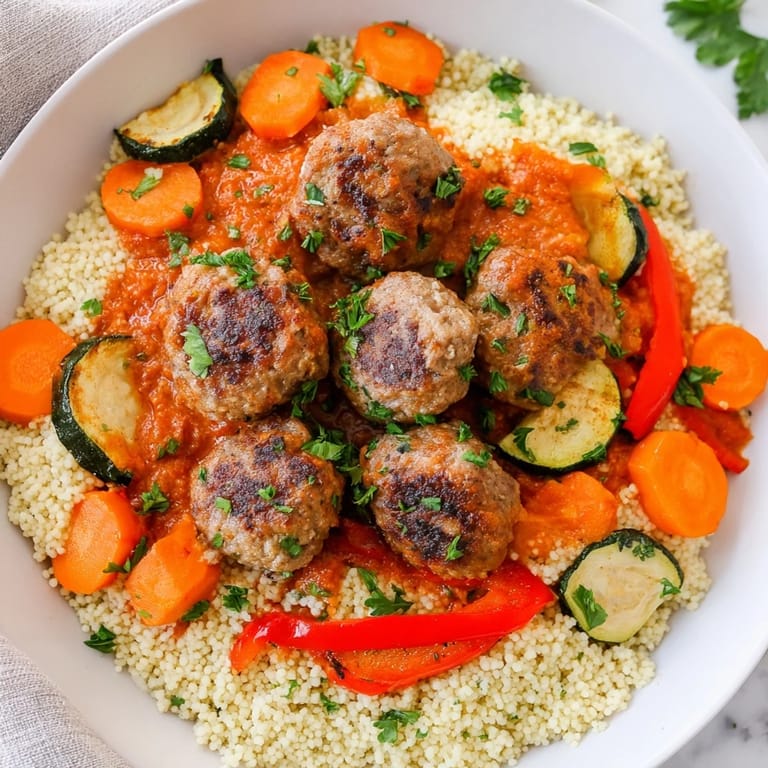 Warm, inviting image of North African Couscous Kefta: a hearty meatball and vegetable stew with couscous.
