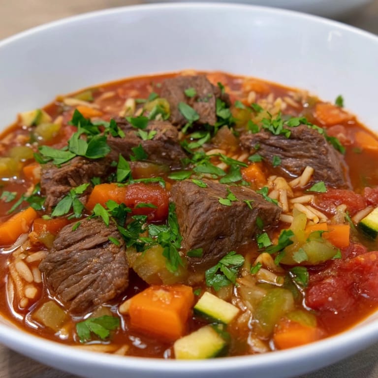 Close-up of Algerian Chorba: rich broth overflowing with tender lamb and fresh herbs, ready to serve.