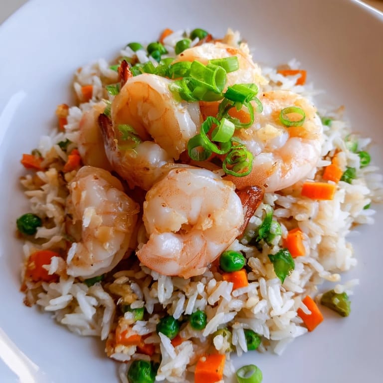 Close-up of delicious Shrimp Garlic Fried Rice, garnished with fresh spring onions and ready to serve.
