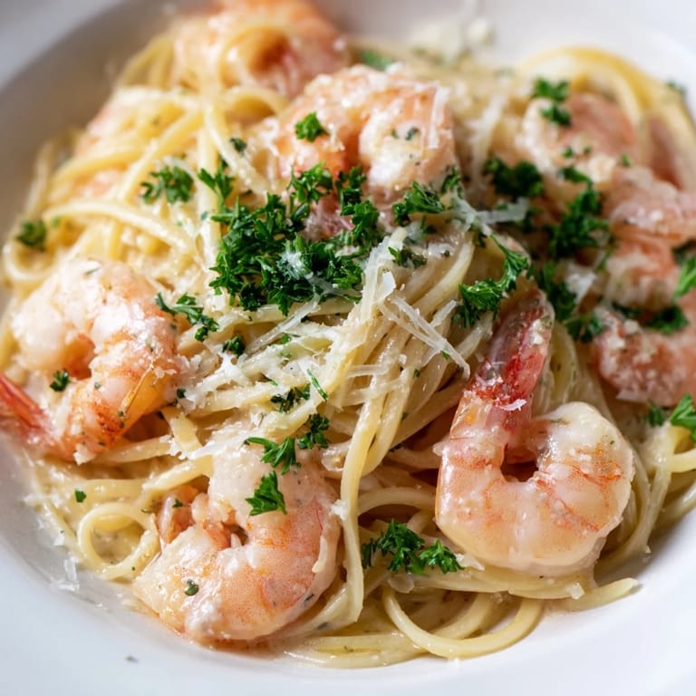 Serve Creamy Garlic Shrimp Pasta with lemon wedges for a bright finish, perfect for an elegant weeknight dinner.