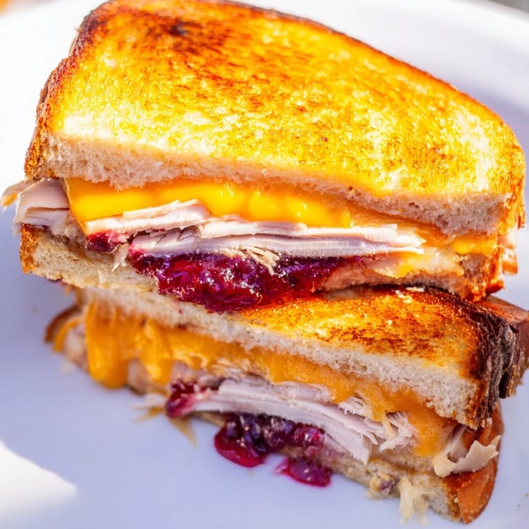 A close-up of a warm Smoked Turkey Grilled Cheese, featuring melted sharp cheddar and a vibrant cranberry spread on buttery, crispy bread.