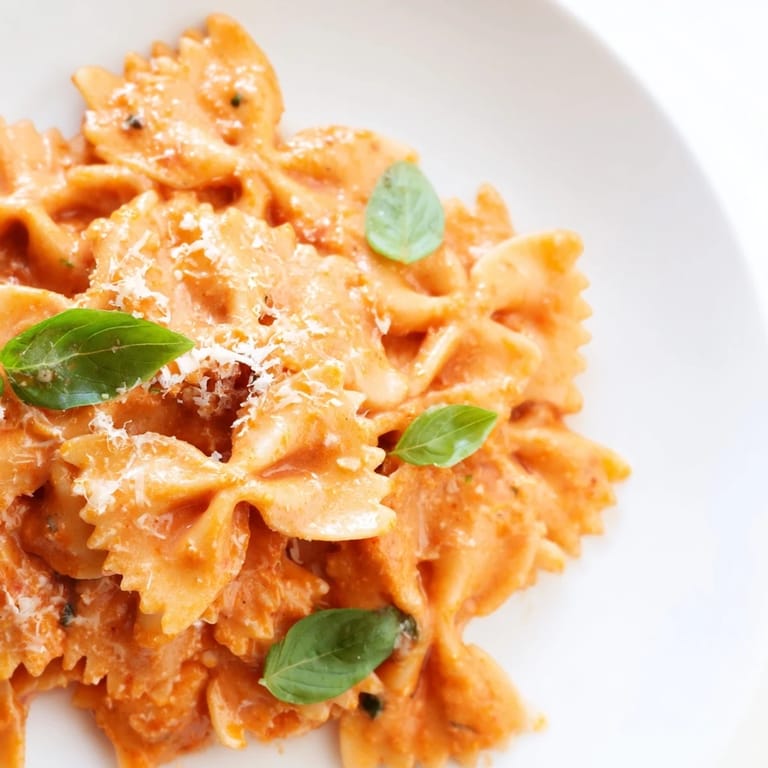 Hearty vegetarian bowtie pasta tossed in a silky tomato basil sauce, with a side of crusty garlic bread.  