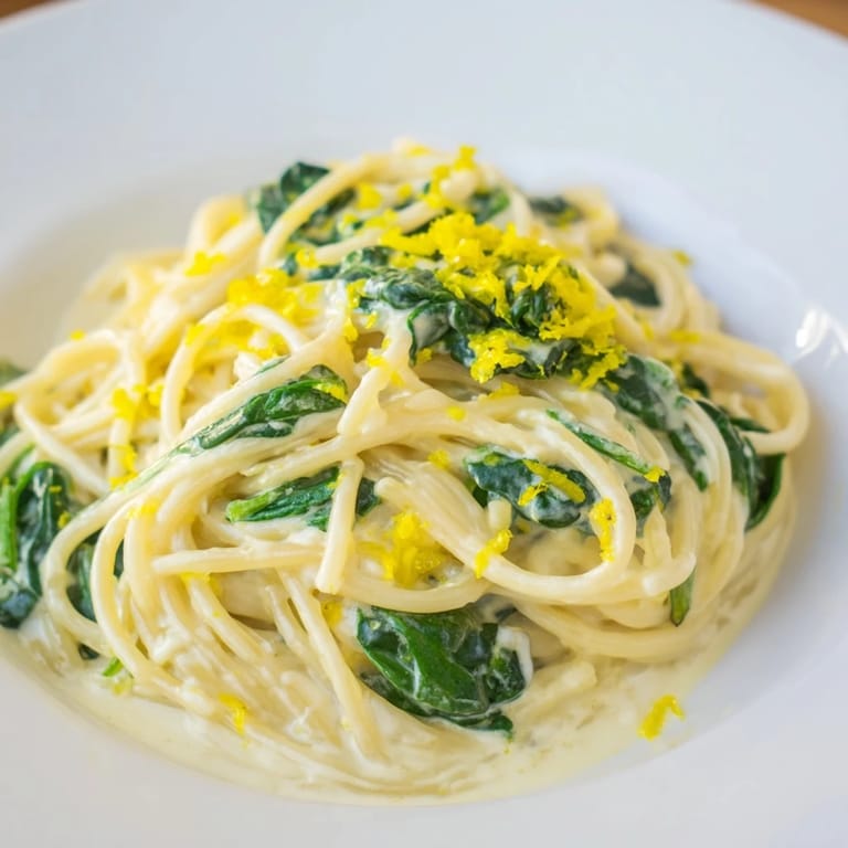 Overhead view of creamy lemon spinach spaghetti in a white bowl, garnished with extra Parmesan and a wedge of lemon.