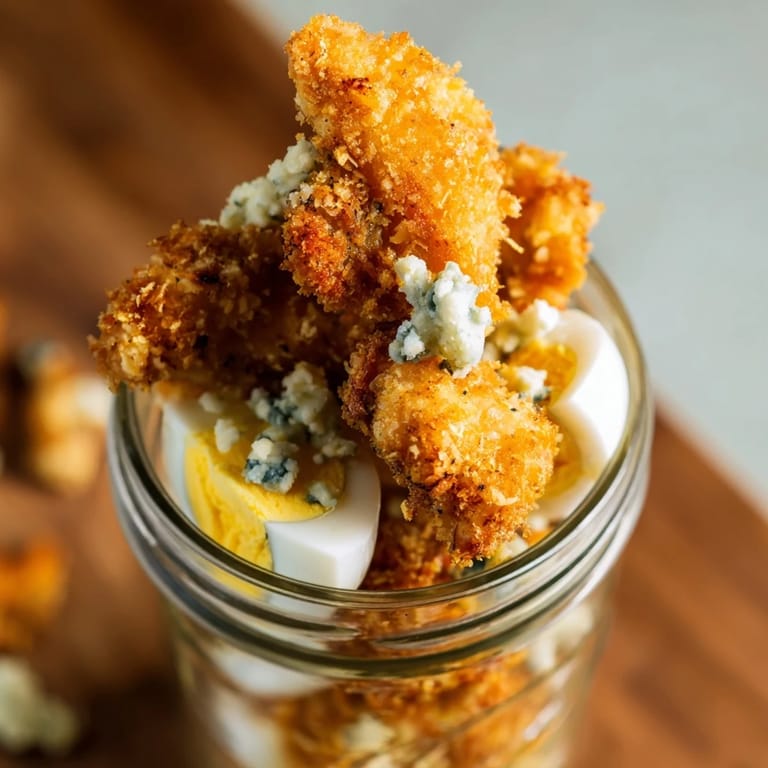 A close-up of the Crispy Chicken Cobb Jar Salad highlights juicy chicken bites, diced avocado, and a tangy blue cheese crumble.