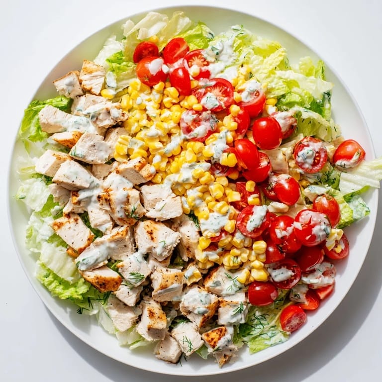 Close-up of Ranch Chicken Chopped Salad tossed in creamy ranch dressing, with sharp cheddar and tender chicken pieces.