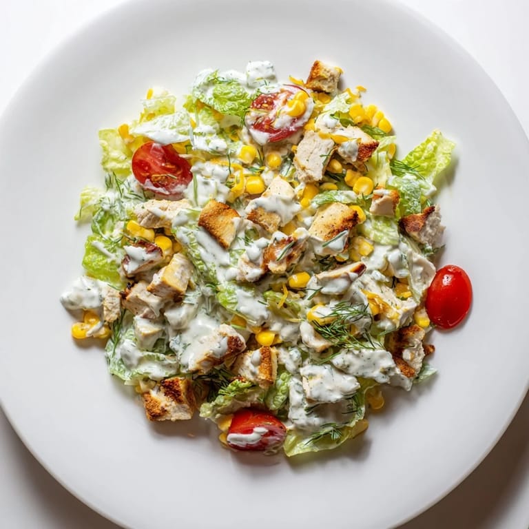 Serving suggestion for Ranch Chicken Chopped Salad topped with fresh chives, perfect for a light, high-protein lunch.