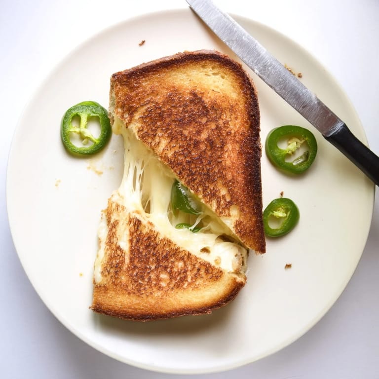 Two halves of a toasted Jalapeño Havarti Grilled Cheese reveal gooey Havarti and fresh jalapeños, served beside a bowl of red tomato soup.