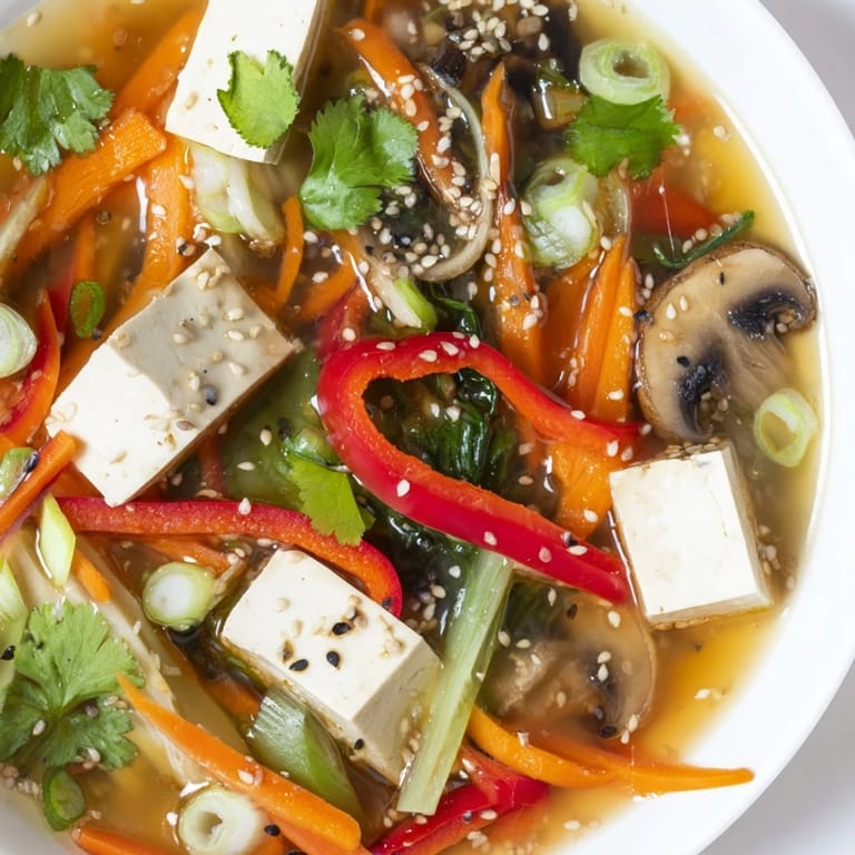 A close-up of Tofu and Vegetable Soup reveals soft tofu, crisp veggies, and sesame seeds, ready to be served hot with lime.