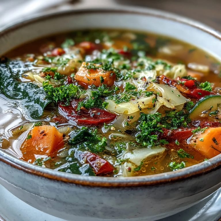 This easy Cabbage Soup features tender cabbage, celery, and tomatoes in a savory broth. Served steaming hot in a rustic bowl. Perfect for meal prep.