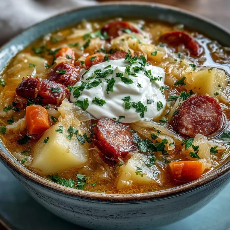 Rustic pot of Sauerkraut Soup with sauerkraut, potatoes, and carrots, simmering on the stovetop.