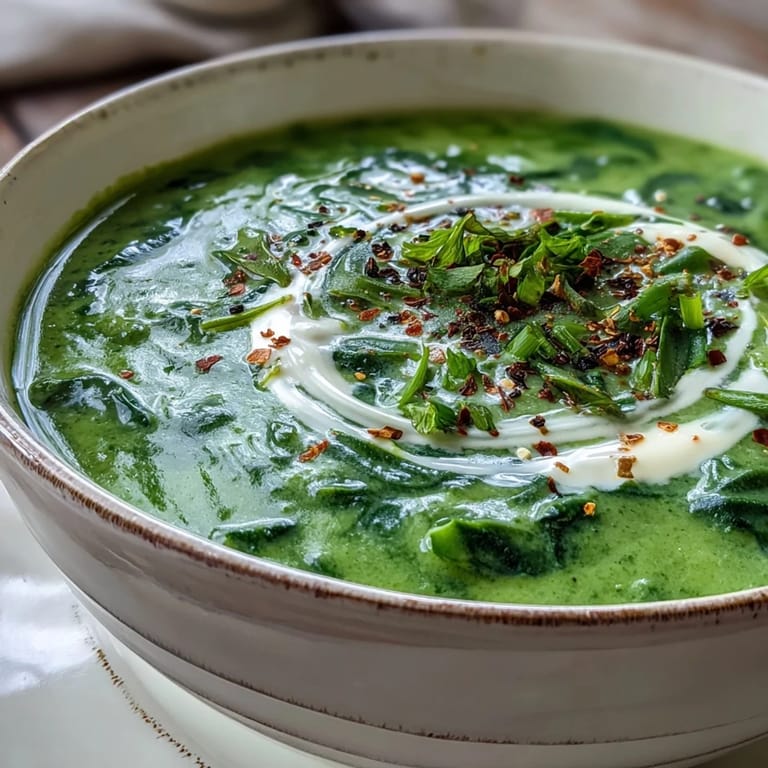 Creamy Spinach Soup garnished with a swirl of cream, served with crusty bread.