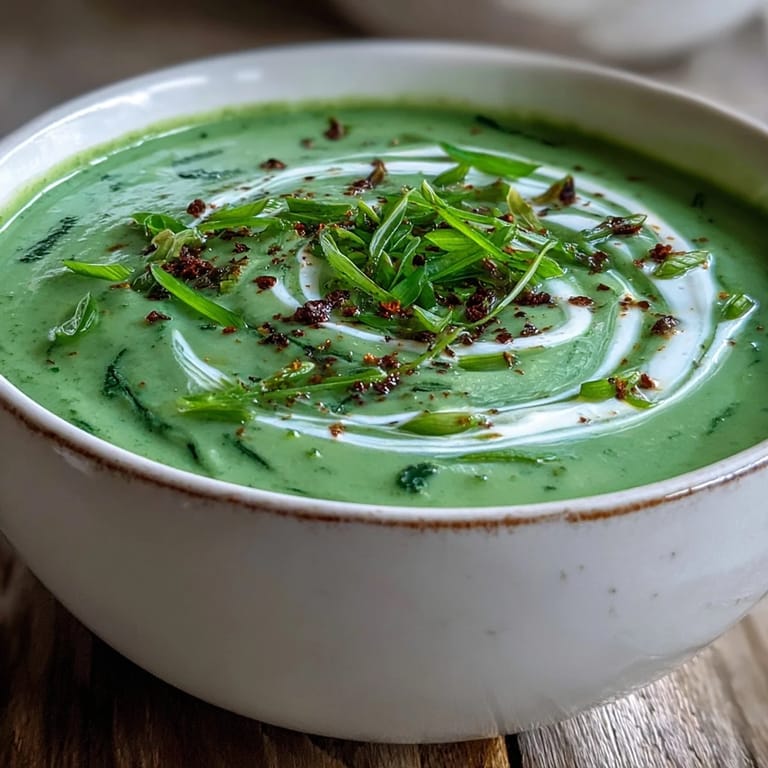 Vibrant green Spinach Soup in a white bowl, garnished with a dollop of yogurt.