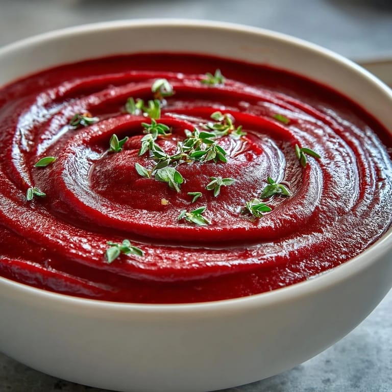 Earthy roasted beet soup with a velvety swirl of cream, ready to serve with crusty bread.