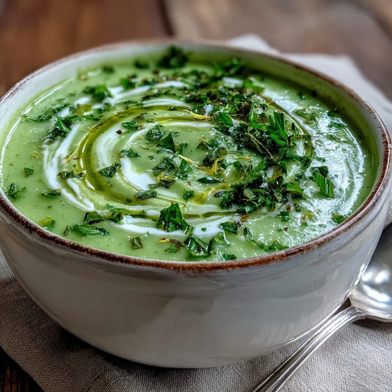 Silky blended Zucchini Soup in a white bowl, topped with a drizzle of olive oil and fresh parsley.