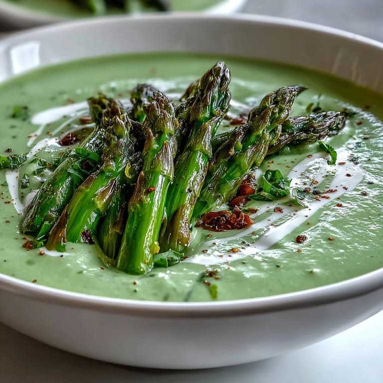 Smooth vegetarian Asparagus Soup with a swirl of cream, served alongside crusty bread for a cozy spring dinner.
