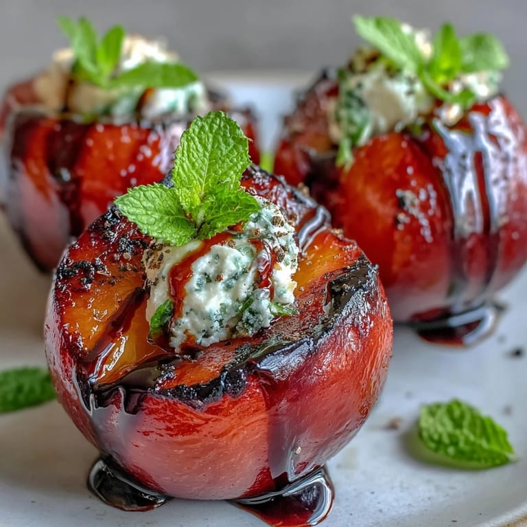 Balsamic-Goat Cheese Grilled Plums served warm as an elegant appetizer or light vegetarian dessert.