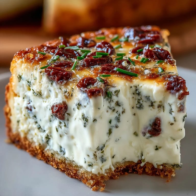 A chilled slice of Kalamata cheesecake appetizer reveals chopped olives inside, paired with extra virgin olive oil for dipping at a Mediterranean gathering.