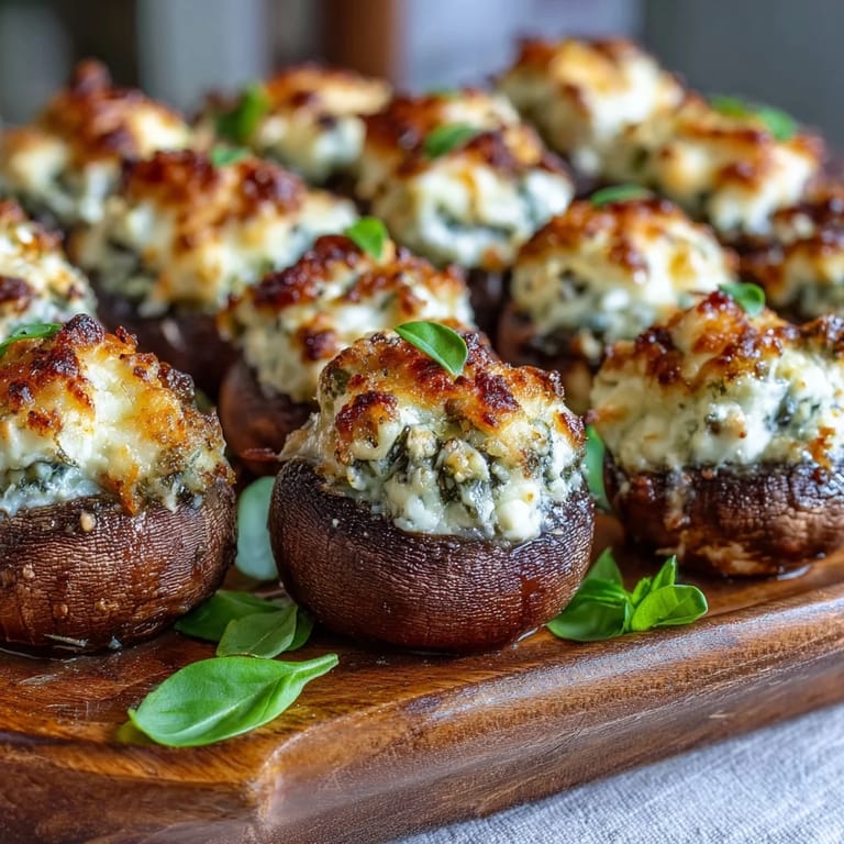 Savory Stuffed Asiago-Basil Mushrooms filled with creamy cheese and fresh herbs on a platter.