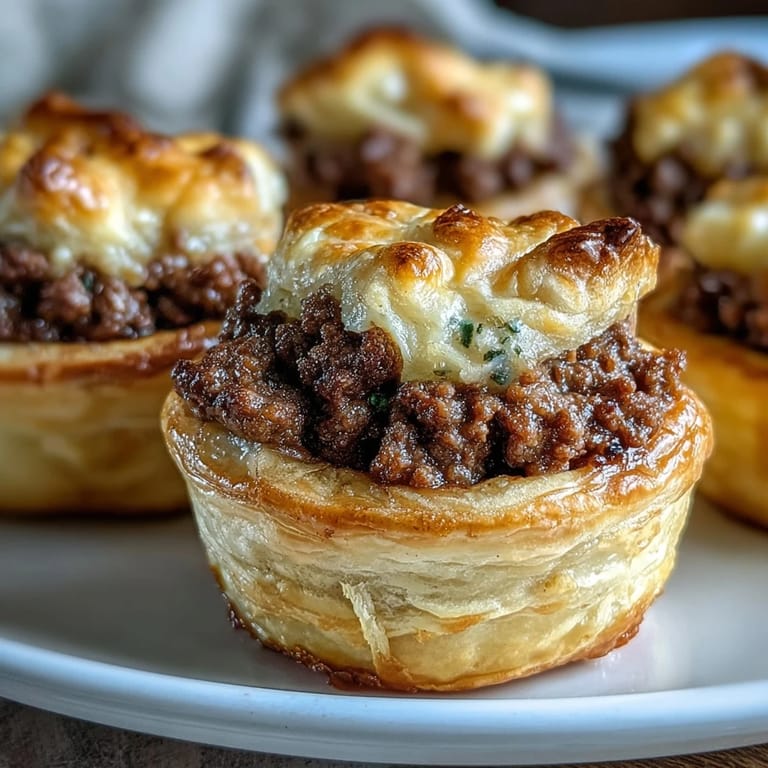 Mini Beef Tourtières arranged on a serving platter with a small dish of tangy Dijon mustard and fresh parsley.