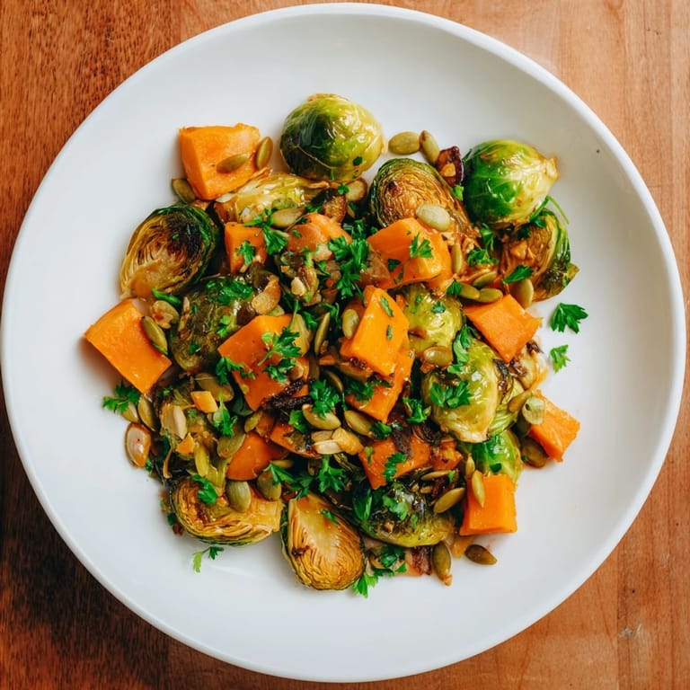Warm, vibrant Roasted Brussels Sprouts & Butternut Squash served, inviting with orange glaze and herbs.