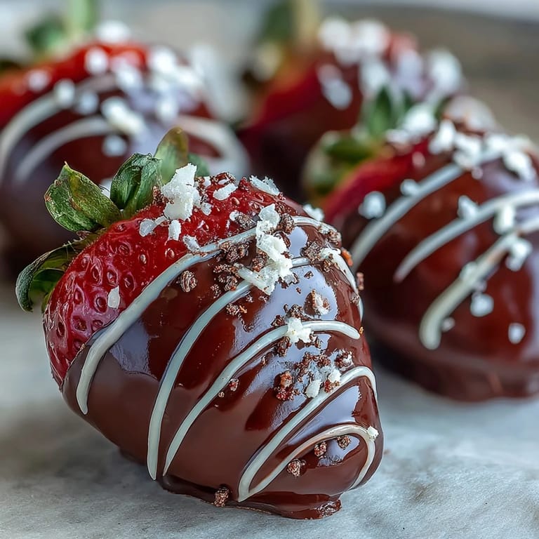 Chocolate-Covered Strawberries on a chilled tray, drizzled with white chocolate, perfect for special occasion entertaining.