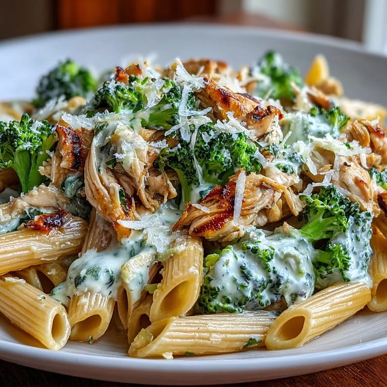 Healthy High Protein Rotisserie Chicken Broccoli Pasta served in a white bowl with lemon wedges for a fresh squeeze.