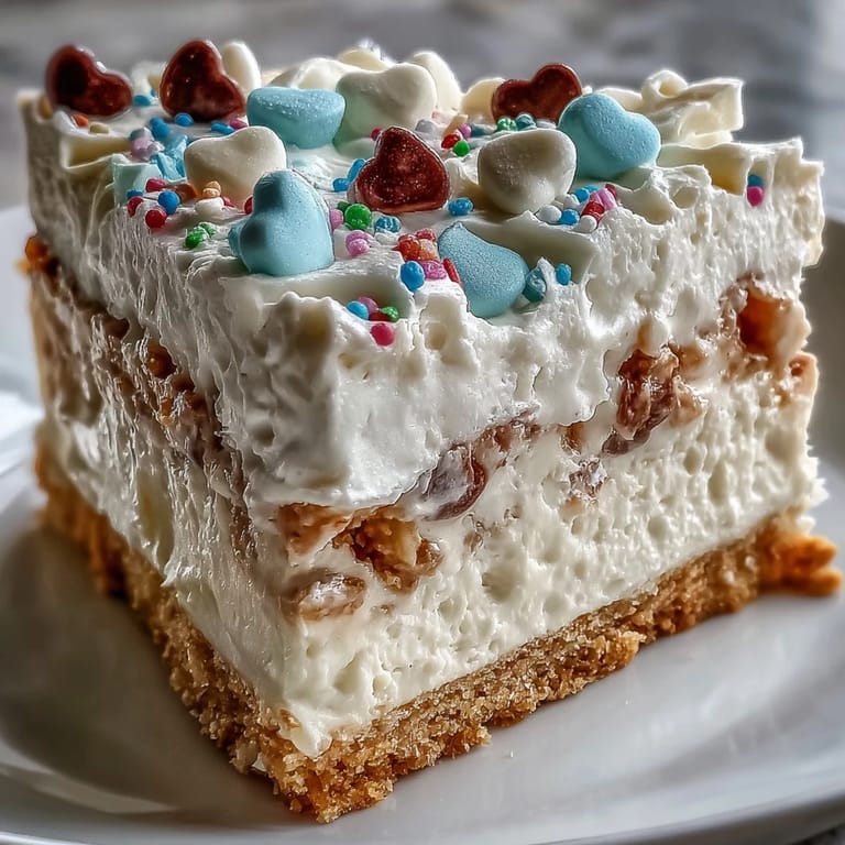 Pastel conversation hearts and fluffy whipped frosting top this festive, homemade Candy Hearts Fake Cake dessert.