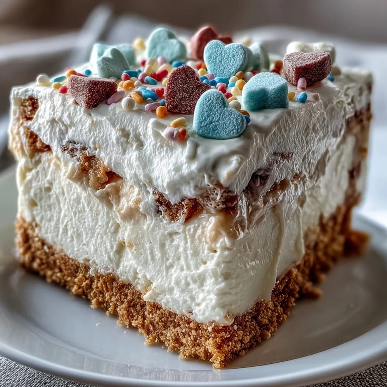 Served on a white plate, the Candy Hearts Fake Cake shows rainbow sprinkles and a sweet, creamy texture.