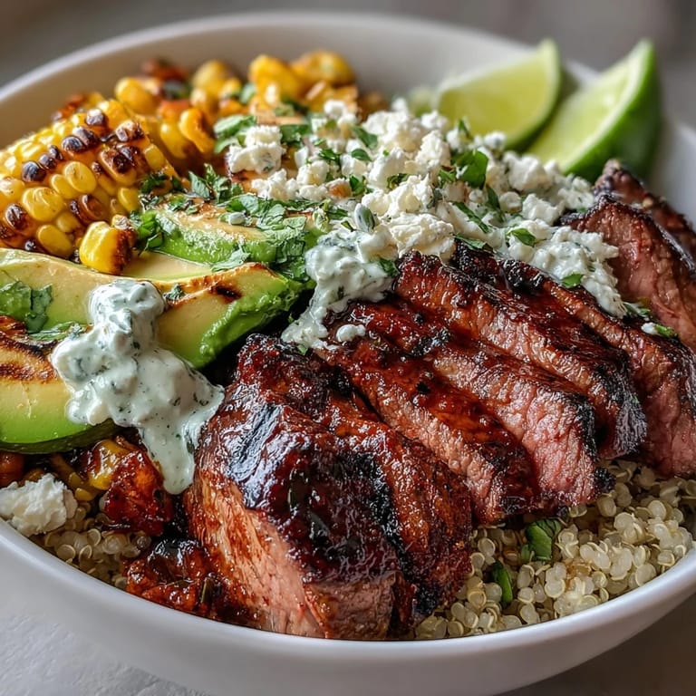 Ready to serve Steak, Avocado, and Roasted Corn Bowl with fresh cilantro garnish and lime wedges on the side.