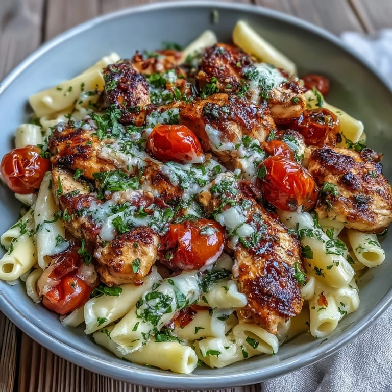 Bright cherry tomatoes soften in a balsamic glaze over al dente penne with sliced chicken and fresh herbs.