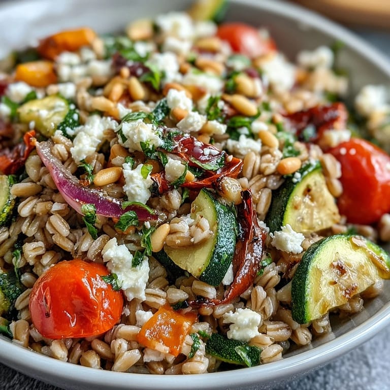 Enjoy a bowl of Farro Pasta Bowl, a wholesome vegetarian dish with nutty farro, spinach, and toasted pine nuts.