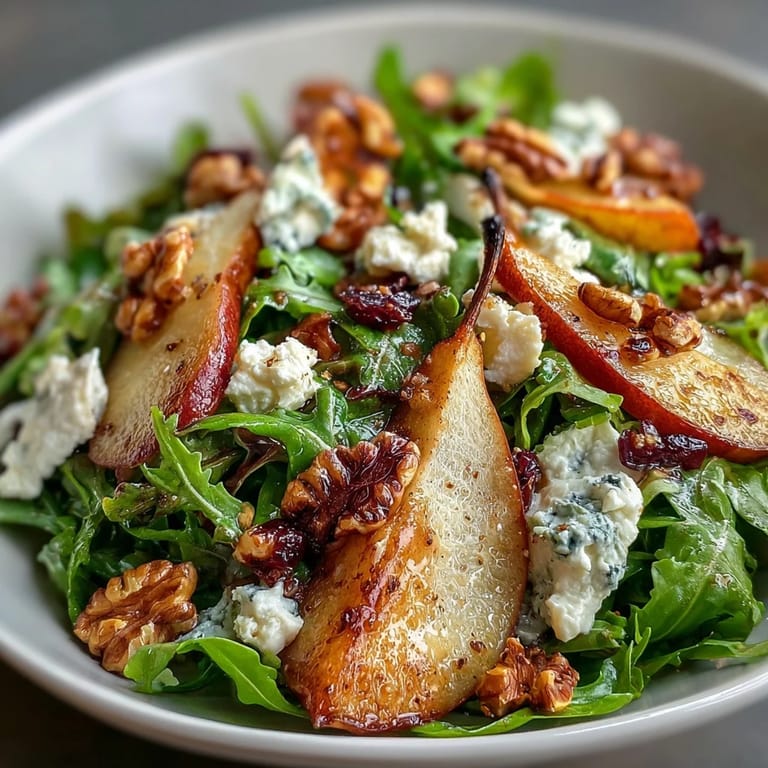 A vibrant vegetarian Arugula and Pear Bowl garnished with goat cheese and walnuts, ready for a light lunch.