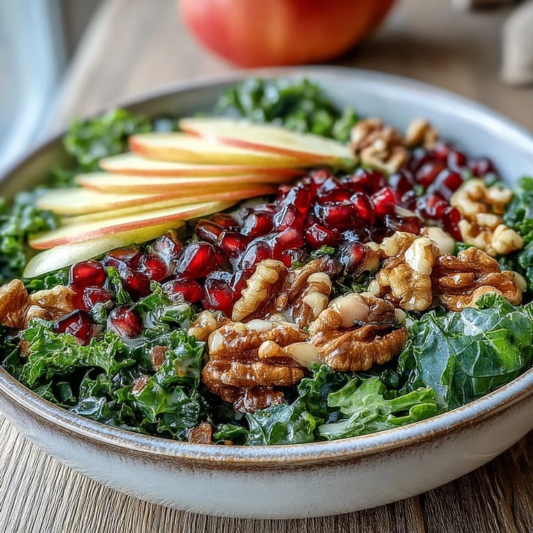 Massaged kale and pomegranate bowl featuring toasted walnuts and tangy dressing.
