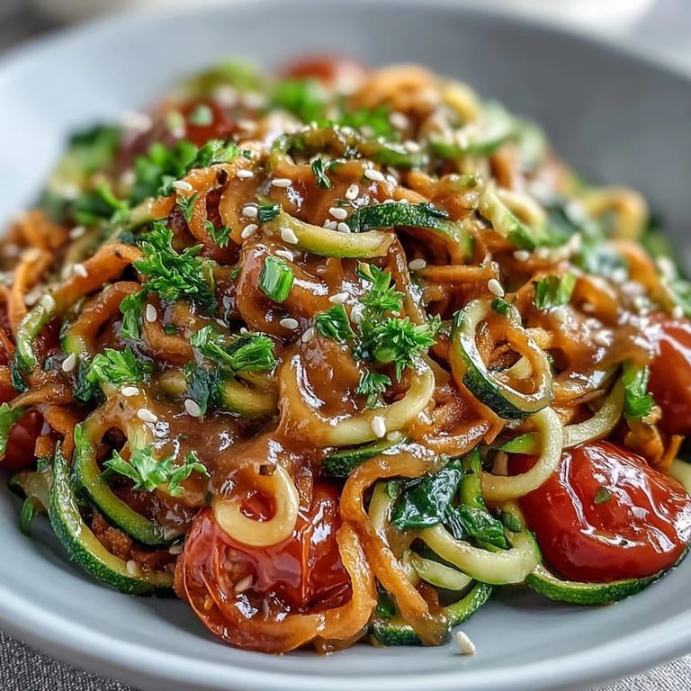 Freshly spiralized zucchini and sweet potato noodles topped with cherry tomatoes and herbs, drizzled with a tangy lemon-tahini dressing.