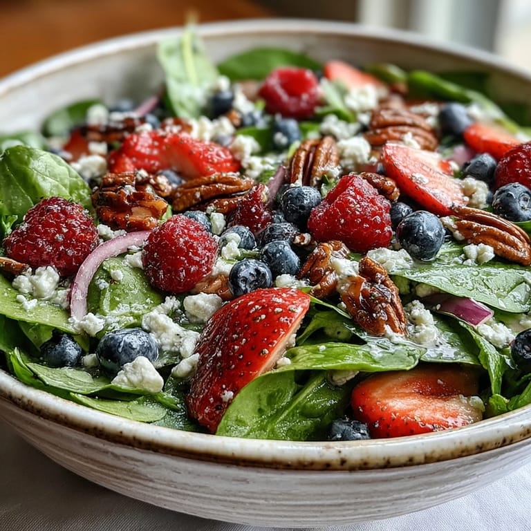 Presented in a wide white bowl, this Spinach and Berry Salad Bowl combines tender greens with sweet berries, crumbled goat cheese, and walnuts, drizzled with homemade vinaigrette.
