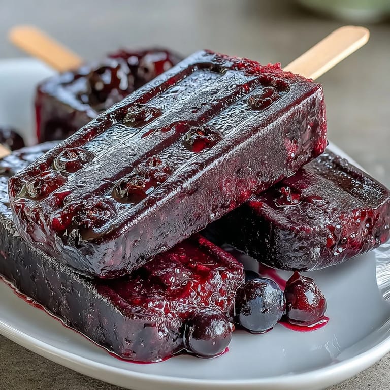 Freshly frozen Black Currant Popsicles on a wooden board, garnished with mint and lemon for a tangy treat.
