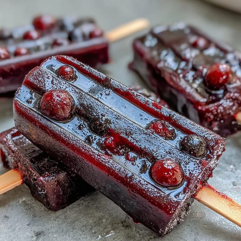 Ready-to-eat Black Currant Popsicles held by hand, showcasing the rich purple color and dripping with sweet juice.