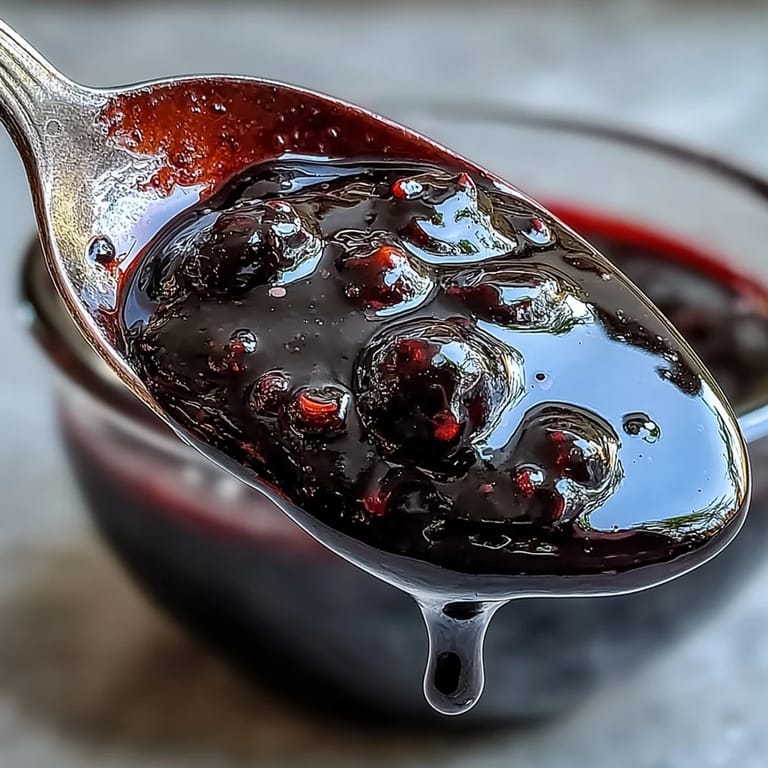 Close-up of a small saucepan simmering Black Currant Reduction with fresh black currants, thyme, and a bay leaf in red wine.