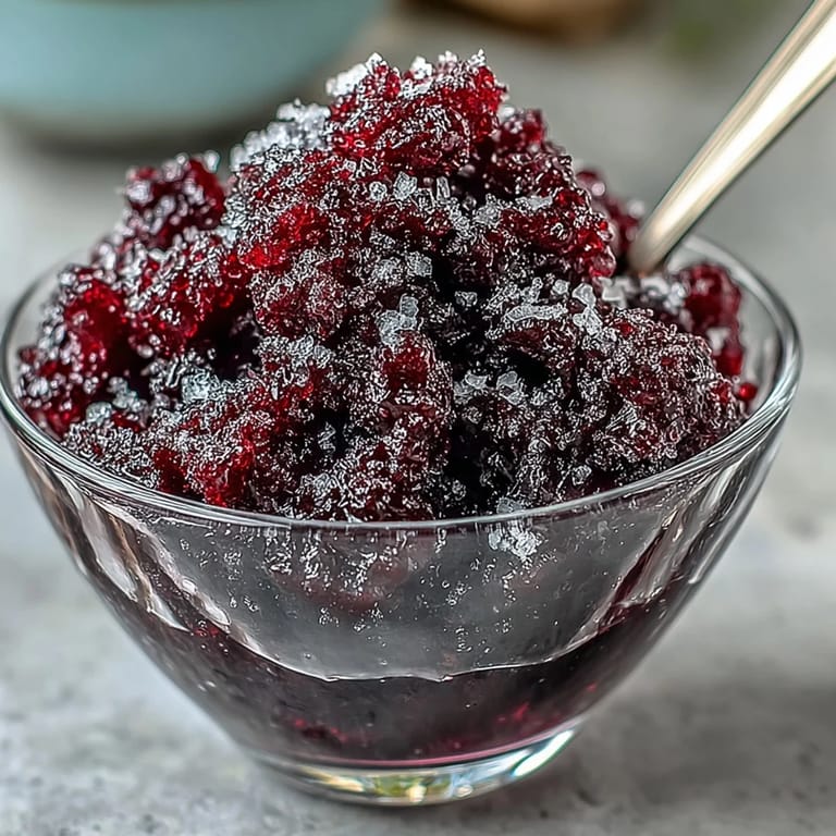 Vibrant purple Black Currant Granita in a white ceramic bowl, showing its crystalline texture, perfect for summer desserts.