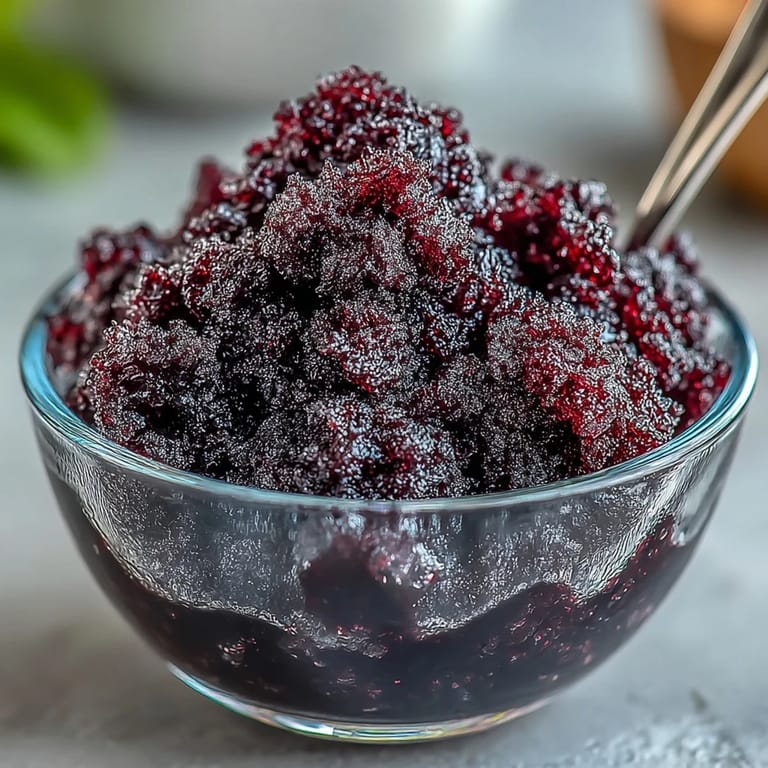 Freshly scraped Black Currant Granita served in a clear glass bowl beside whole black currants on a wooden table.